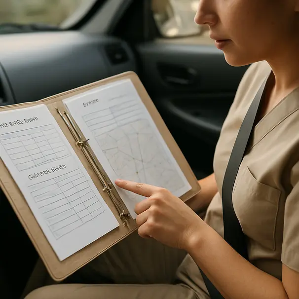 Pet carer holding and checking a folder with vaccination records and emergency contact information inside a vehicle
