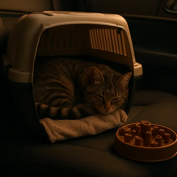 Tabby cat curled on a towel inside a carrier on a car backseat with a puzzle feeder nearby, warm interior lighting