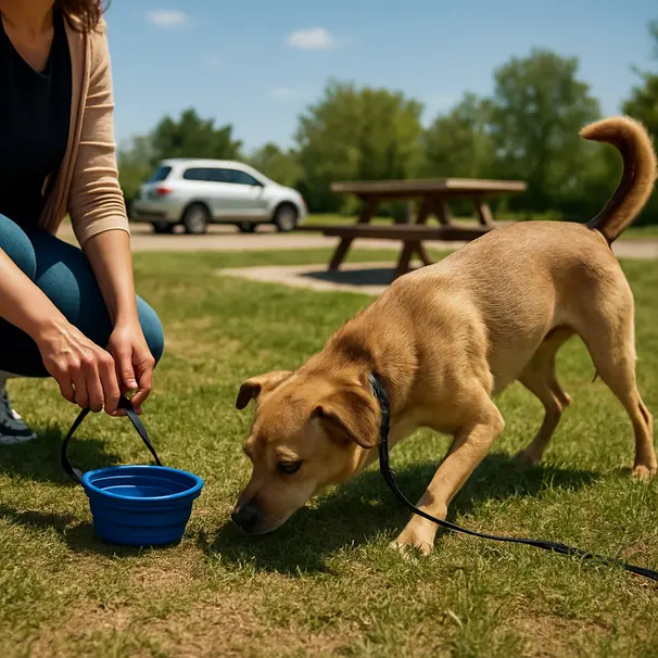 Small mixed-breed dog on leash sniffing grass at a sunny rest stop with a carer offering water in a collapsible bowl
