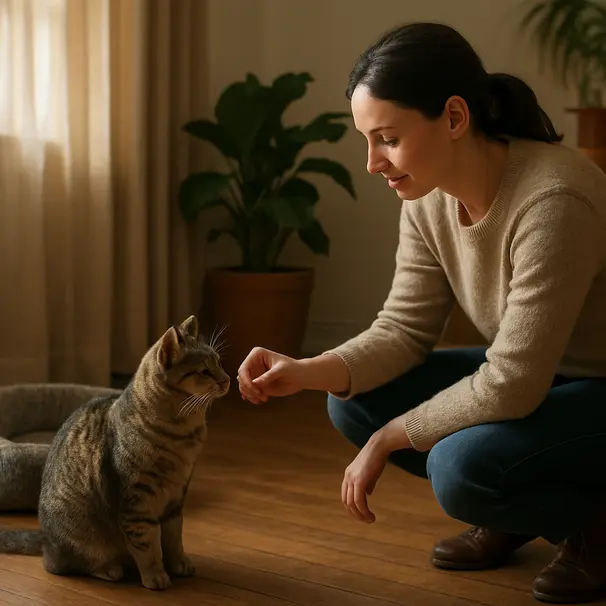 Kat die kennismaakt met een oppas in een gezellige woonkamer, oppas biedt een snoepje aan