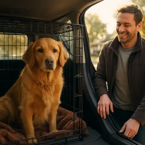 Hond in autokrat in een auto met open deur op een zonnige ochtend, eigenaar naast de auto