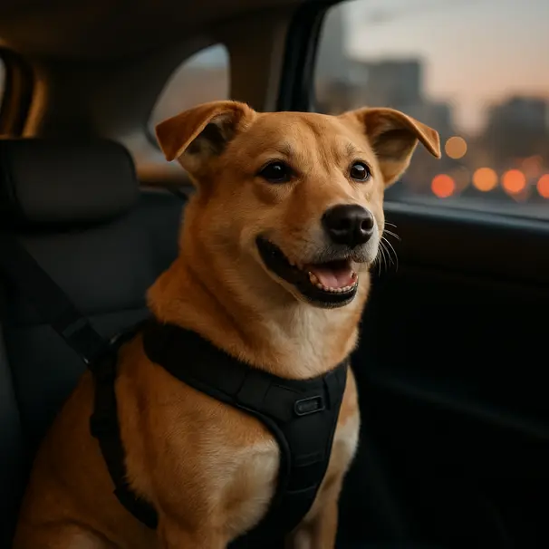 Hond met autogordel op achterbank tijdens rit in de schemering, stad op de achtergrond