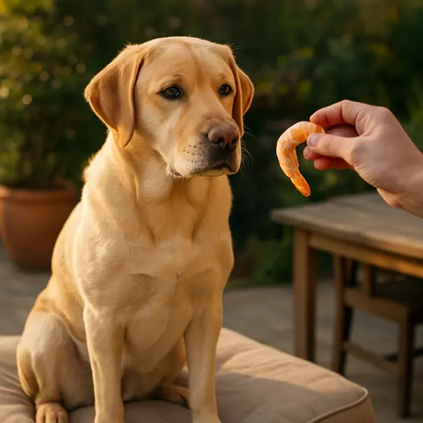 Yellow Labrador sitting on an outdoor patio cushion at golden hour, owner holding a plain cooked shrimp near the dog's nose