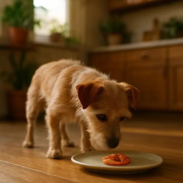 Small terrier in a home kitchen sniffing a ceramic plate holding a cooked shrimp, warm light and wooden floor visible