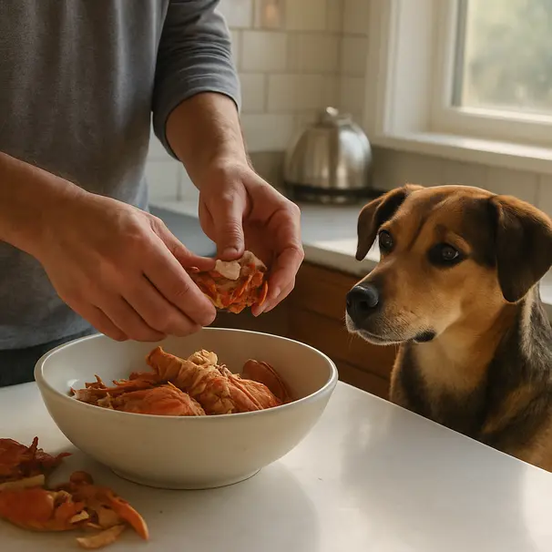 Person removing crab and lobster shells into a bowl on a kitchen counter while a mixed breed dog watches nearby