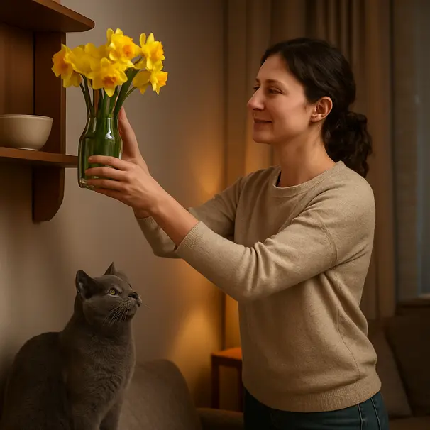 Pet carer placing a vase of daffodils on a high shelf as a grey cat watches from a table