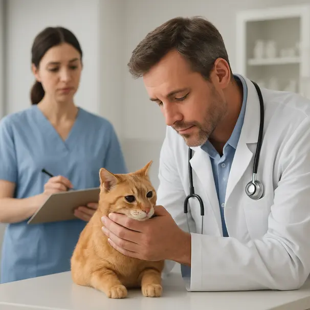 Veterinarian comforting an orange cat on an exam table in a bright veterinary clinic