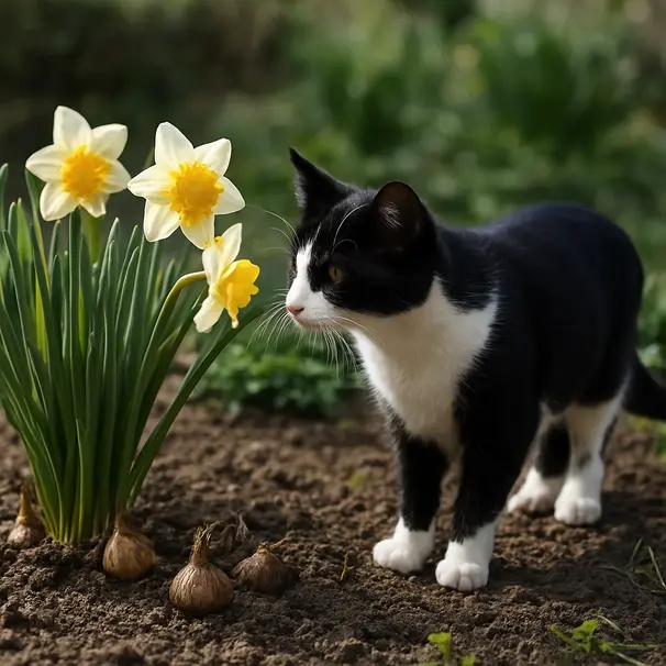 Black-and-white cat in a sunny garden sniffing daffodil blooms and bulbs in the soil