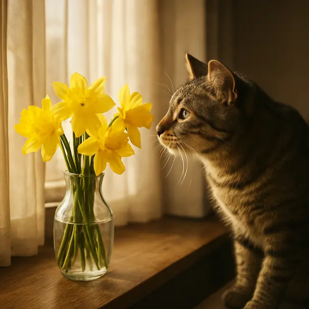 Tabby cat indoors sniffing a glass vase of yellow daffodils on a sunlit windowsill