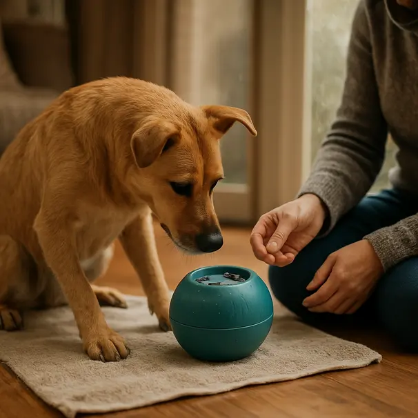 Inomhuslek med berikningsleksak medan pet carer sitter intill på en regnig dag