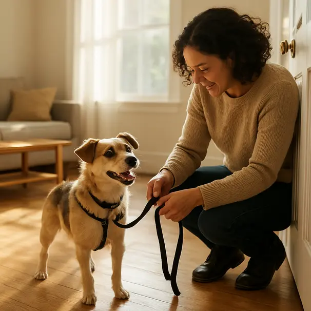 En liten blandras vid dörren medan pet carer fäster koppel inomhus
