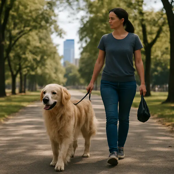 En golden retriever promenerar lugnt med pet carer i stadspark