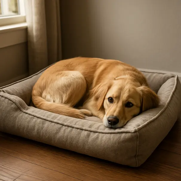 Small golden-retriever-mix curled on a bolster dog bed in a sunny living room, showing fabric texture and raised rim