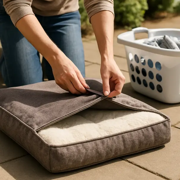 Pet carer removing a removable washable cover from a rectangular dog bed on a sunny patio, laundry basket beside them