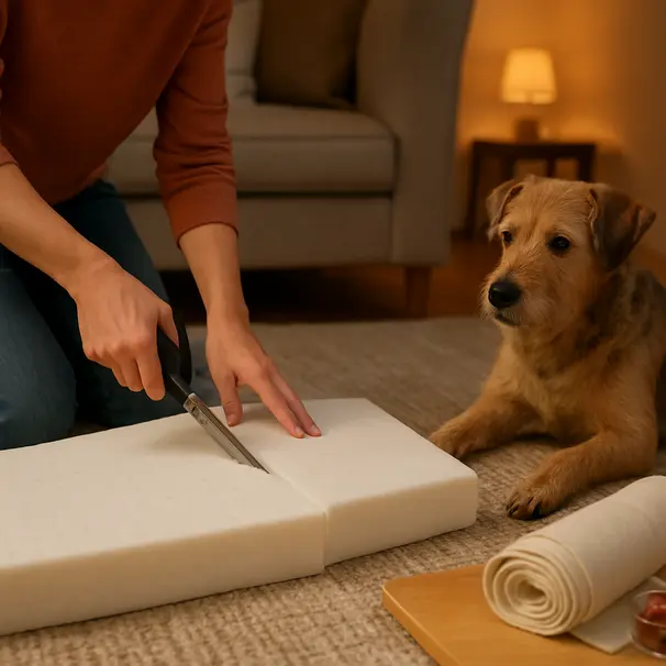 Person cutting memory foam topper to size for a dog bed with a terrier watching in a cozy living room