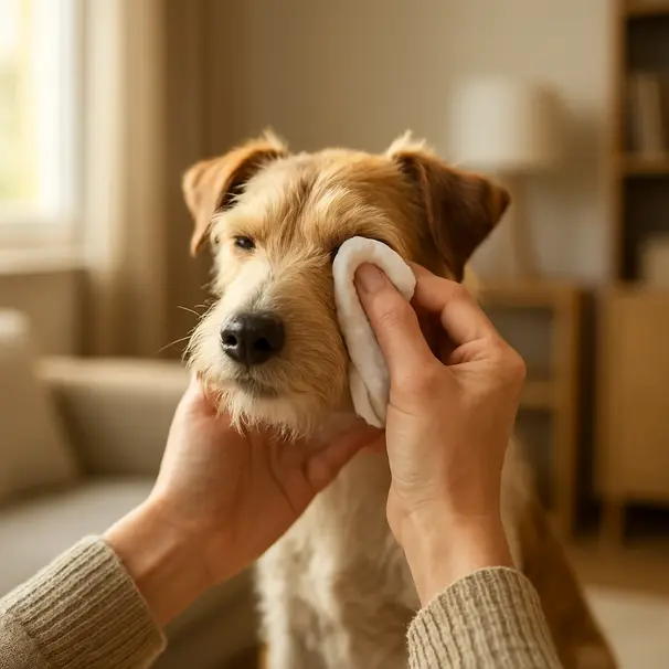 Pet carer gently cleaning a small terrier's eye with a soft damp cloth in a sunny living room, showing calm interaction and home care.