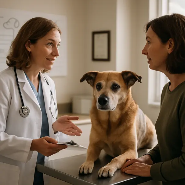 Veterinarian pointing at an eye chart while a mixed-breed dog with a slightly cloudy eye sits calmly on an exam table in a warm clinic room.