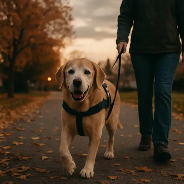 Senior Labrador with slightly cloudy eyes wearing a harness being guided on a quiet neighborhood path at dusk, with warm evening light and autumn leaves.