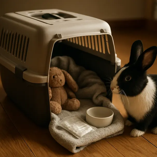 Cozy pet carrier with blanket, toy, medication bag, and bowl on a wooden floor with a black and white rabbit nearby
