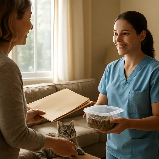 Pet owner giving medical records and labeled food to a pet carer in a sunny living room while a tabby cat sits on the sofa watching