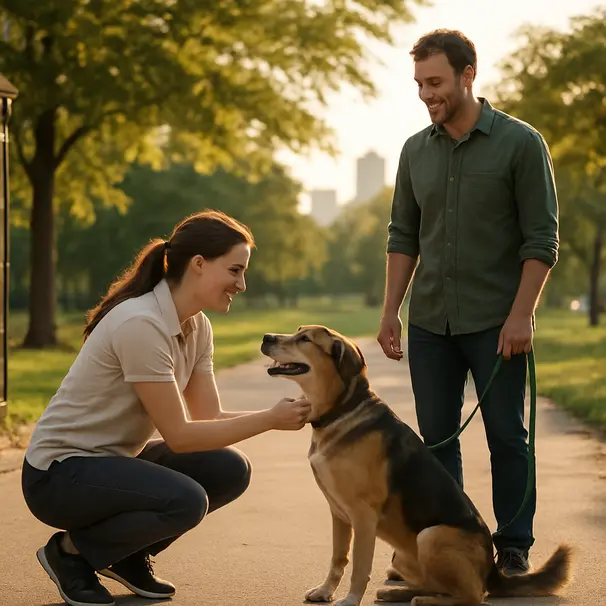 Pet carer kneeling to greet a medium-sized mixed-breed dog at a sunny park entrance while the owner smiles nearby