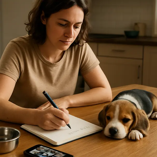 Pet carer writing a daily log at a table with a beagle puppy resting nearby, phone with photos visible.