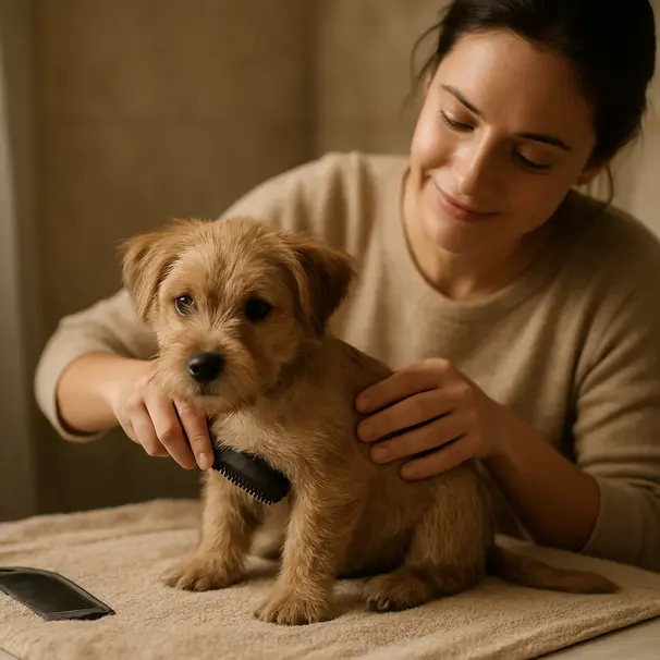 Small terrier puppy being brushed on a towel by a smiling carer in a cozy indoor grooming corner.