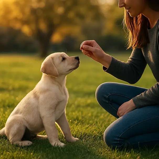 Labrador puppy sitting attentively in a grassy park while a carer rewards it with a treat during training.