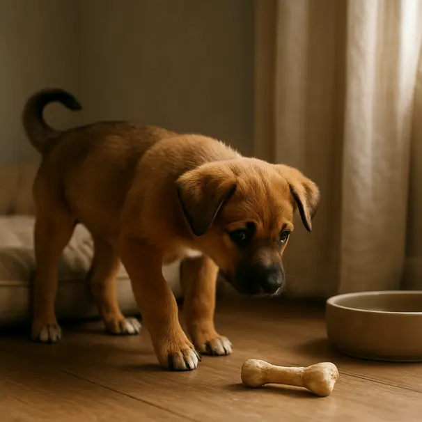 Mixed-breed puppy sniffing a cozy bed and toys by a sunlit window in a calm living room.