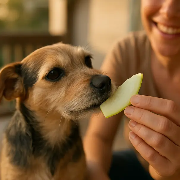 Small mixed-breed dog on a porch sniffing a thin slice of watermelon rind held by a person, morning light