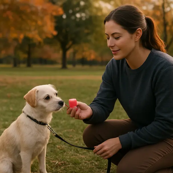 Pet carer offering a frozen watermelon cube to a small dog on a leash in a park at late afternoon