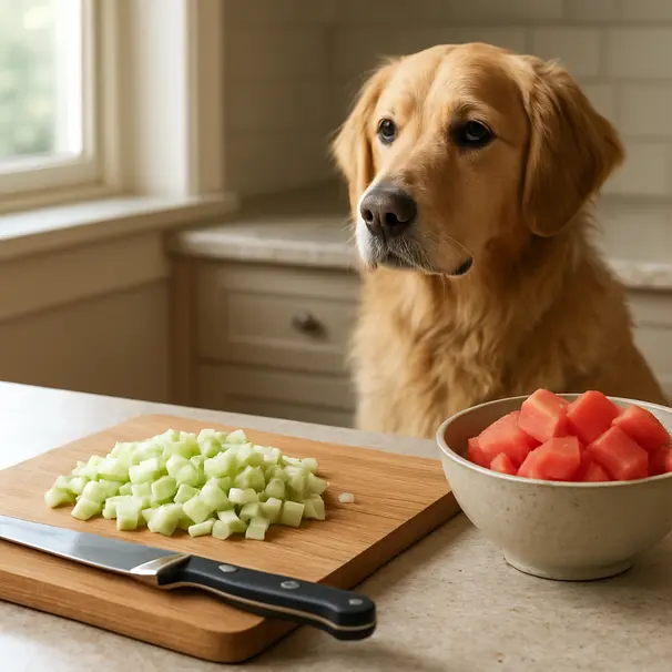 Kitchen cutting board with diced steamed watermelon rind and seedless watermelon cubes, golden retriever waiting nearby