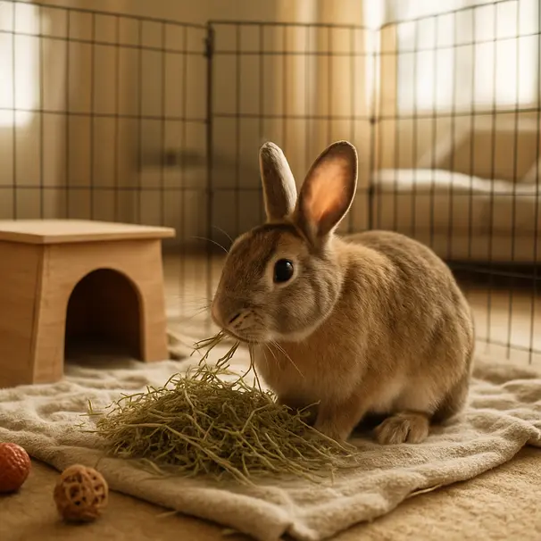 Lapin dans un enclos intérieur lumineux explorant du foin et un abri en bois.