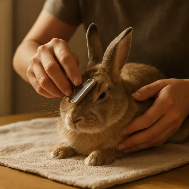 Un pet carer brosse délicatement un lapin calme sur une serviette, intérieur.