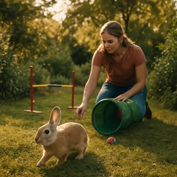 Lapin explorant un jardin herbeux au crépuscule avec tunnel et jouets, pet carer à proximité.