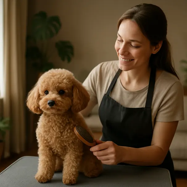 Small poodle on a grooming table being brushed by a pet carer in a sunny living room