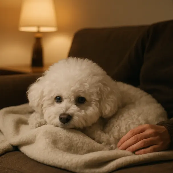 Bichon Frise curled up on a blanket beside a person on a couch under warm lamplight