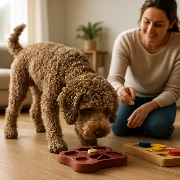Lagotto Romagnolo engaged in scent work with a pet carer in a bright living room