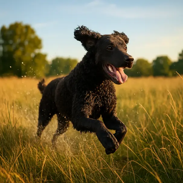 Curly-Coated Retriever running through tall grass in a park with water droplets flying
