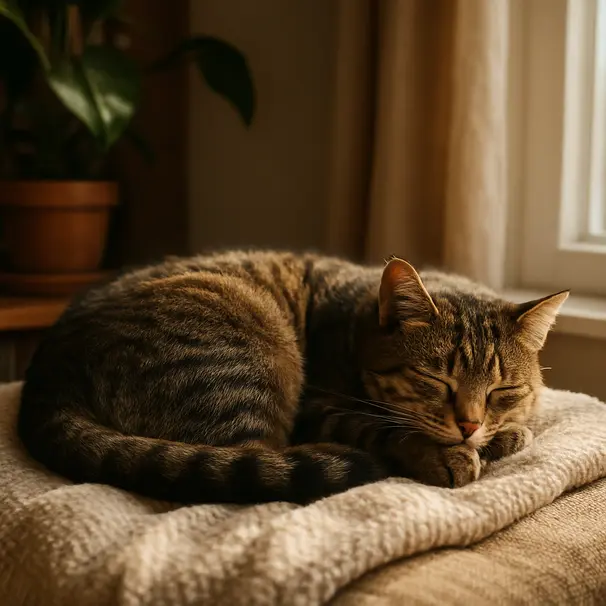 Een huiskamerhoek met een kat die op een zacht dekentje in een zonnestraal ligt, planten op de achtergrond en een warme, rustige sfeer