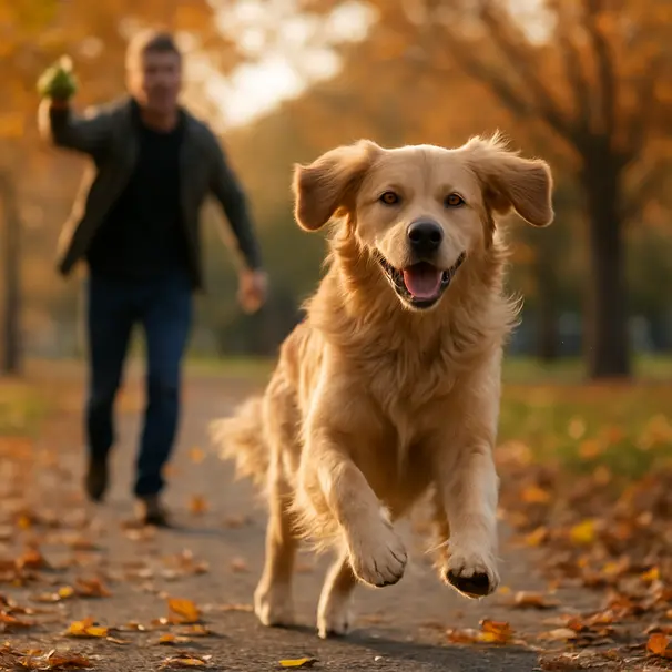 Een golden retriever die in een stadspark achter een bal aan rent tijdens het gouden uur, eigenaar op de achtergrond en vallende herfstbladeren