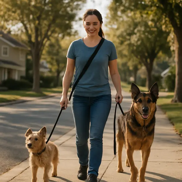 Een ervaren verzorger die twee honden uitlaat op een zonnige woonstraat, een kleine terriër en een middelgrote herdersmix, met rustige houdingen en huizen langs het trottoir