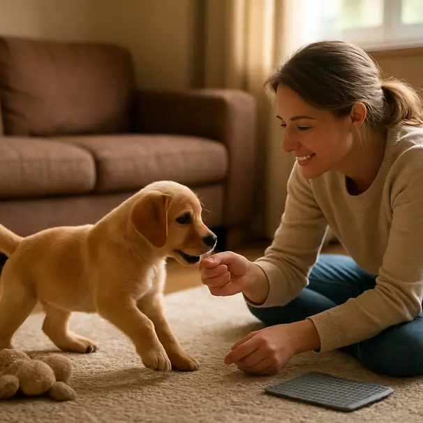 Puppy interacting with a pet carer on a rug inside a sunlit home