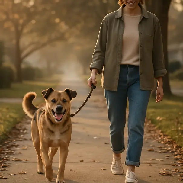 Mixed-breed dog walking on a suburban sidewalk with owner at sunrise