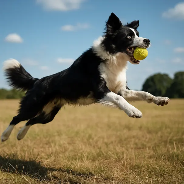 Border collie leaping to catch a ball in an open grassy field