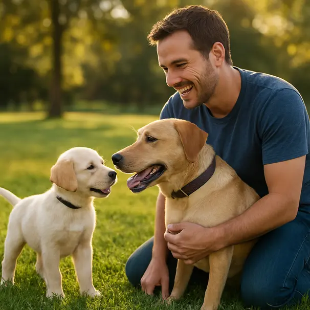 A young Labrador puppy meeting a calm adult dog in a sunny park while the owner kneels nearby and smiles
