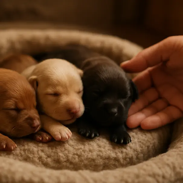 A litter of newborn puppies sleeping closely in a soft nest inside a home with a caregiver hand near them