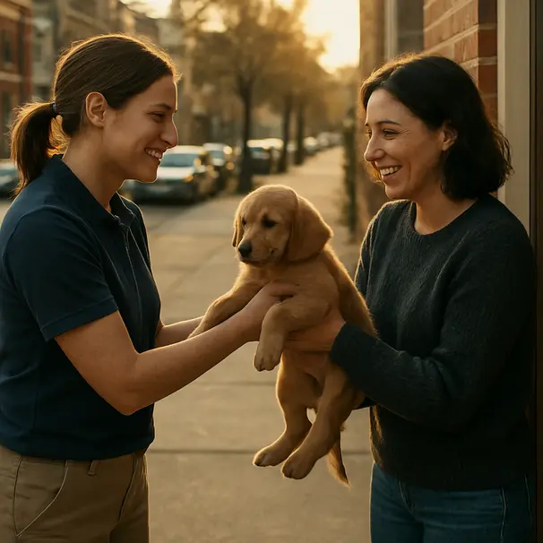 A pet carer handing a puppy to its owner at a doorstep with warm late afternoon light on an urban street