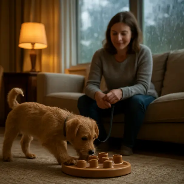 A small terrier puppy solving a puzzle feeder on a rug in a cozy living room with a caregiver watching and a rainy window in the background