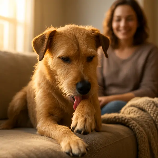 Mixed-breed dog sitting on a living room couch licking its paw, owner blurred in background, warm sunlight, close-up